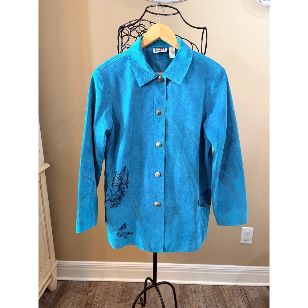 VTG Chicos Design Turquoise+ Blue Suede Leather Beaded Negril Butterfly Jacket